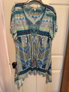 Boho V-Neck Tunic with Crochet Detail in Teal Multi - Women's Top by World Unity